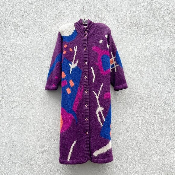 Vintage 80s Women's SKVJ Ladies Fashion Abstract Purple Long Knit Coat - Picture 1 of 7